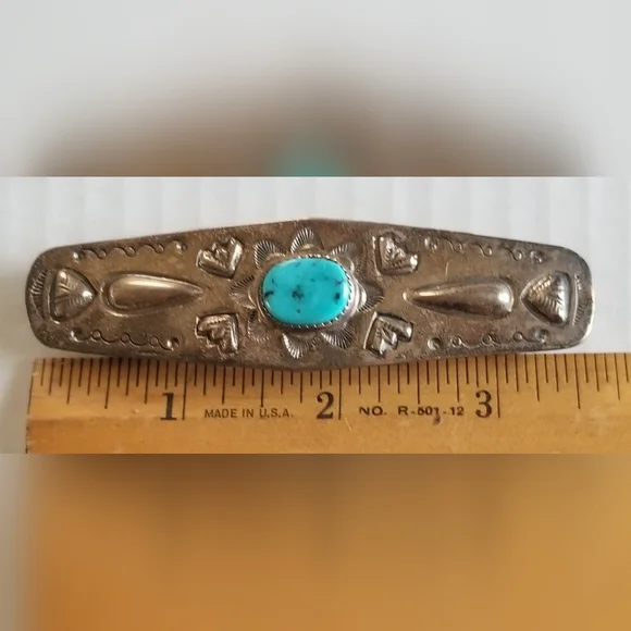 Vintage Signed Navajo Handcrafted Sterling Silver & Turquoise Hair Barrette - Picture 3 of 4